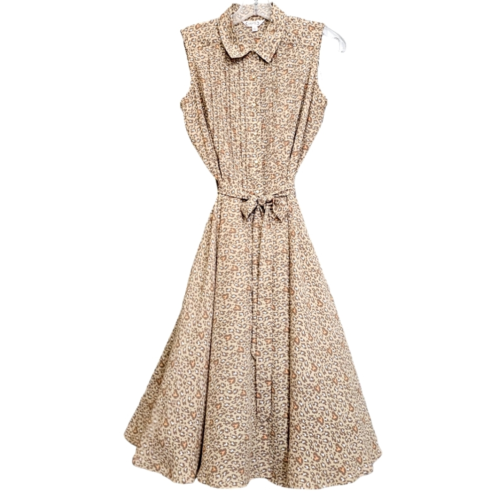 Nanette Lepore Nwot Tan/Tan/Peach Animal Print  Sleeveless Button Front Midi Drs